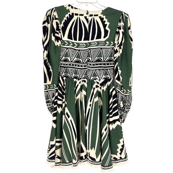 PatBO Dress Size 0 V-Neck Fit Flare Fringe Trim Emerald Green Ivory Print - Picture 6 of 16